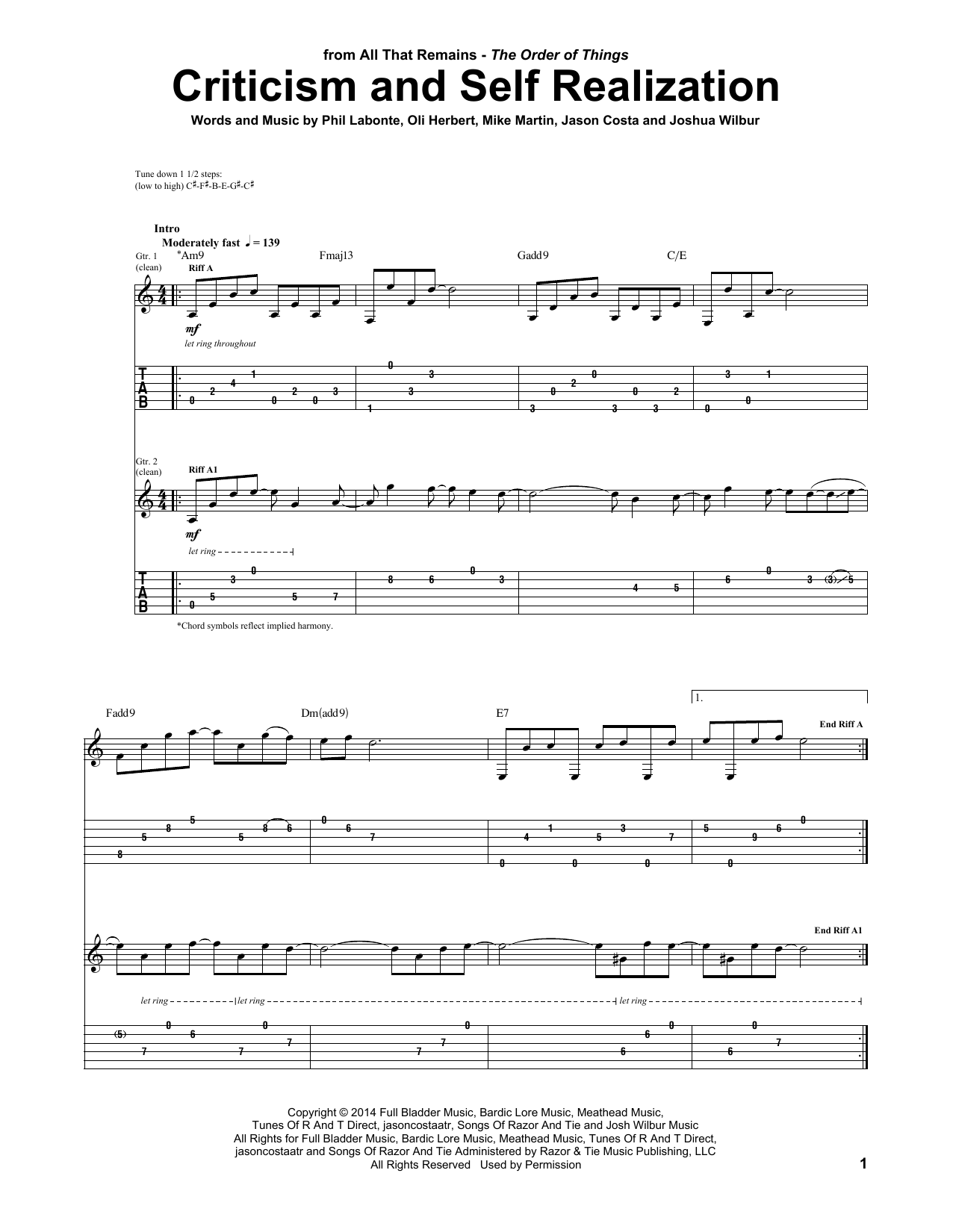 Download All That Remains Criticism And Self Realization Sheet Music and learn how to play Guitar Tab PDF digital score in minutes