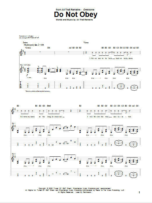 Download All That Remains Do Not Obey Sheet Music and learn how to play Guitar Tab PDF digital score in minutes