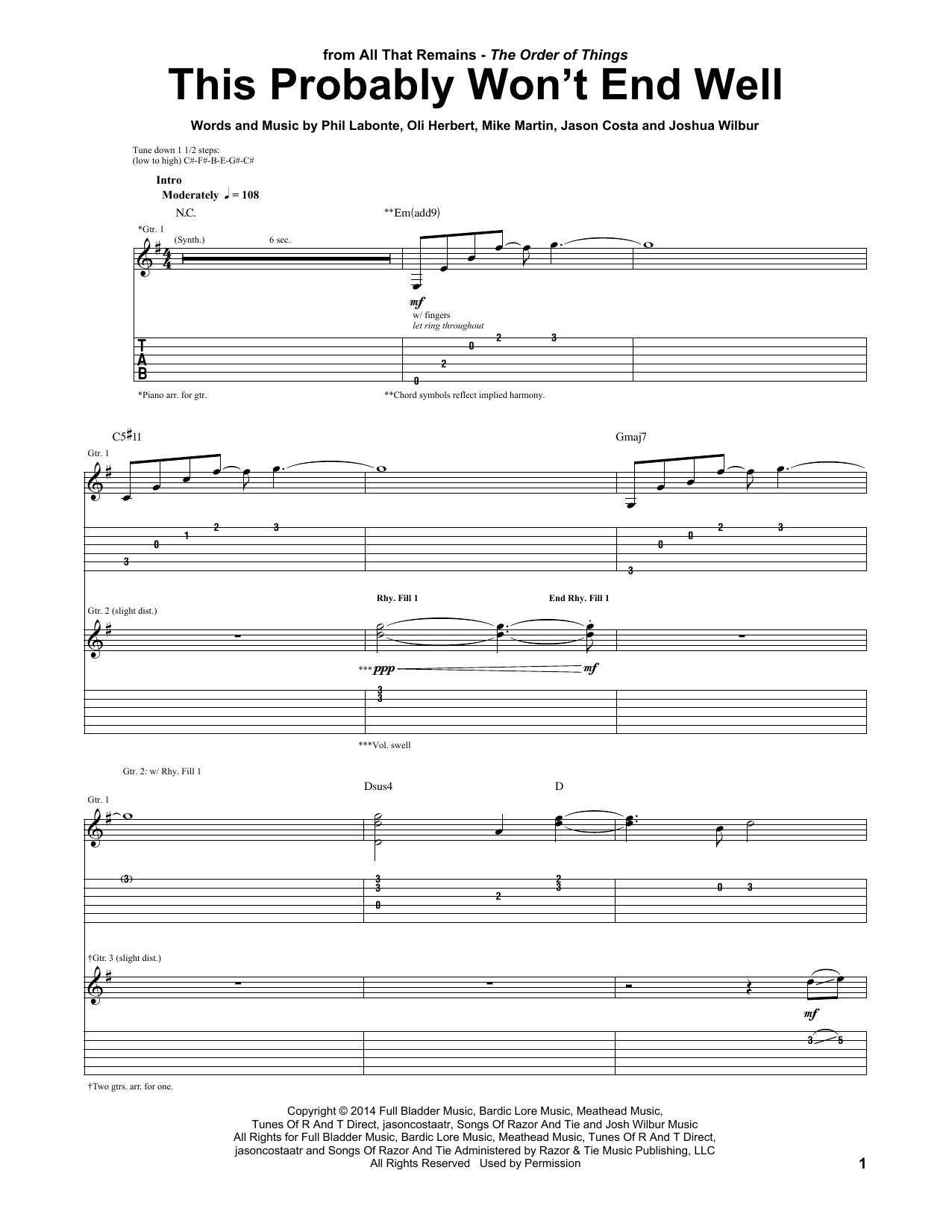 Download All That Remains This Probably Won't End Well Sheet Music and learn how to play Guitar Tab PDF digital score in minutes