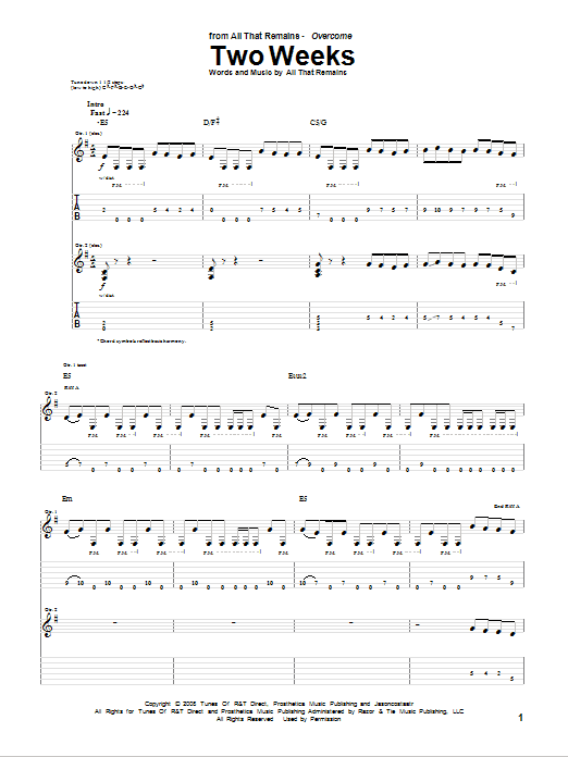 Download All That Remains Two Weeks Sheet Music and learn how to play Guitar Tab PDF digital score in minutes