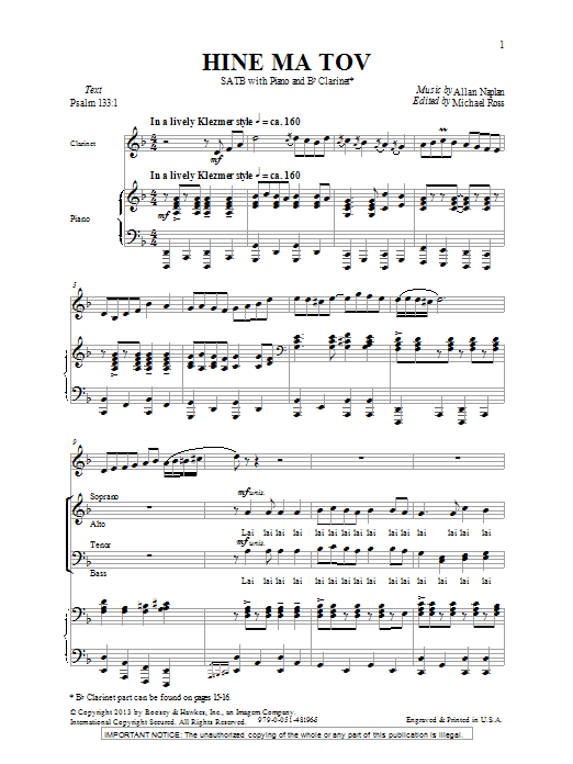 Download Allan Naplan Hine Ma Tov Sheet Music and learn how to play SATB PDF digital score in minutes