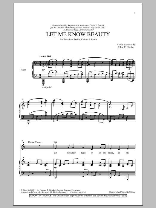 Download Allan Naplan Let Me Know Beauty Sheet Music and learn how to play 2-Part Choir PDF digital score in minutes
