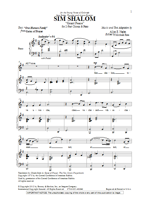 Download Allan Naplan Sim Shalom (Grant Peace) Sheet Music and learn how to play 2-Part Choir PDF digital score in minutes