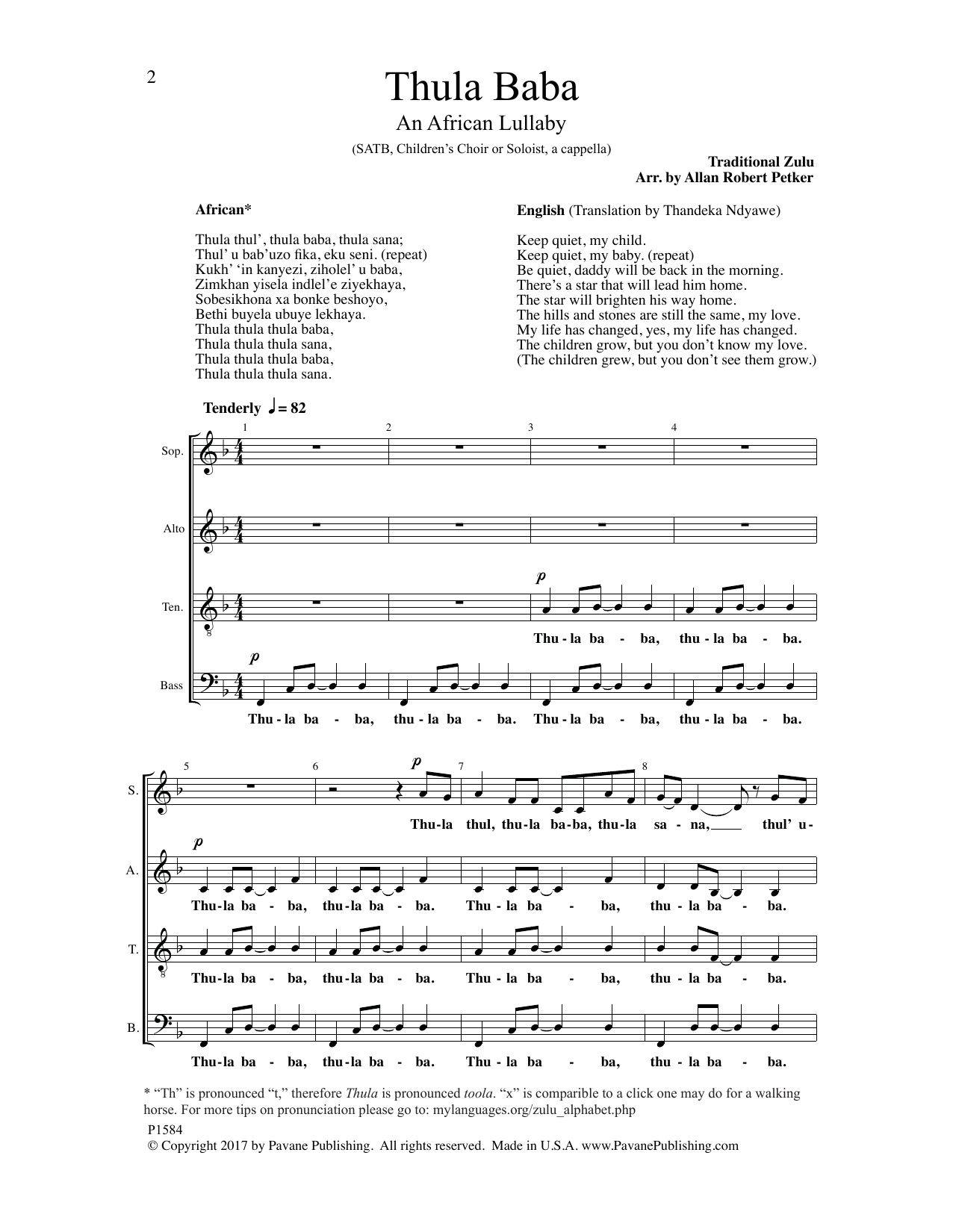 Download Allan Robert Petker Thula Baba Sheet Music and learn how to play SATB Choir PDF digital score in minutes