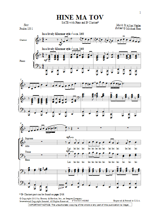 Allan Naplan Hine Ma Tov Sheet Music Notes Download Printable PDF 
