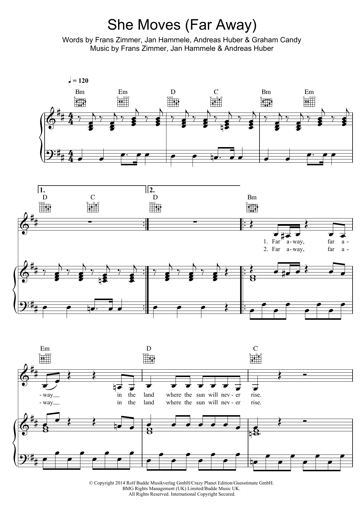 Download Alle Farben She Moves (Far Away) Sheet Music and learn how to play Piano, Vocal & Guitar (Right-Hand Melody) PDF digital score in minutes