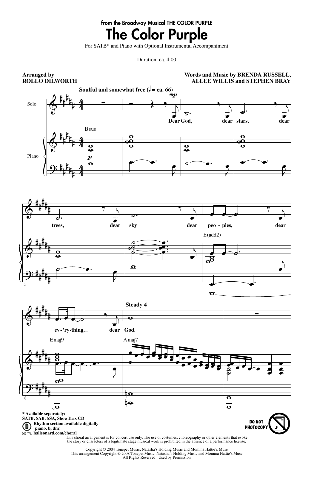 Download Allee Willis The Color Purple (arr. Rollo Dilworth) Sheet Music and learn how to play SATB Choir PDF digital score in minutes