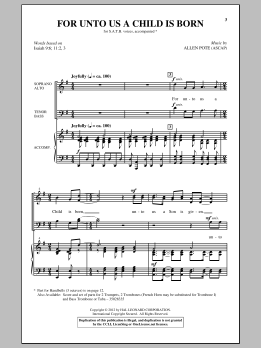 Download Allen Pote For Unto Us A Child Is Born Sheet Music and learn how to play SATB PDF digital score in minutes