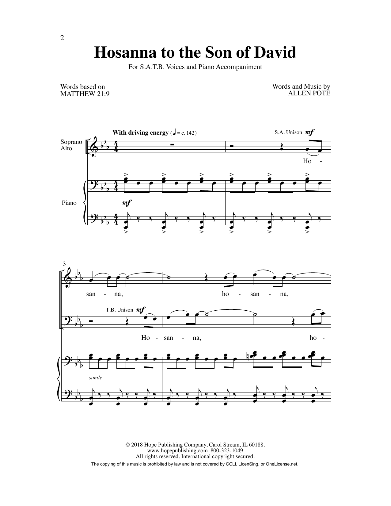 Download Allen Pote Hosanna To The Son Of David Sheet Music and learn how to play SATB Choir PDF digital score in minutes