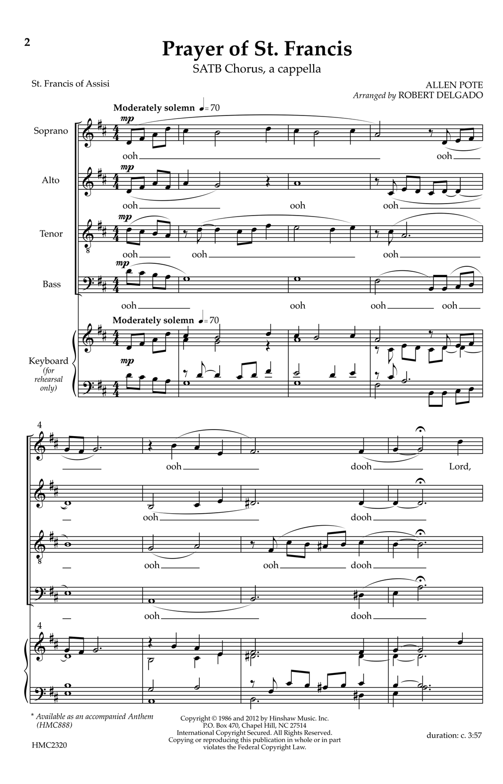 Download Allen Pote Prayer Of St. Francis (arr. Robert Delgado) Sheet Music and learn how to play SATB Choir PDF digital score in minutes