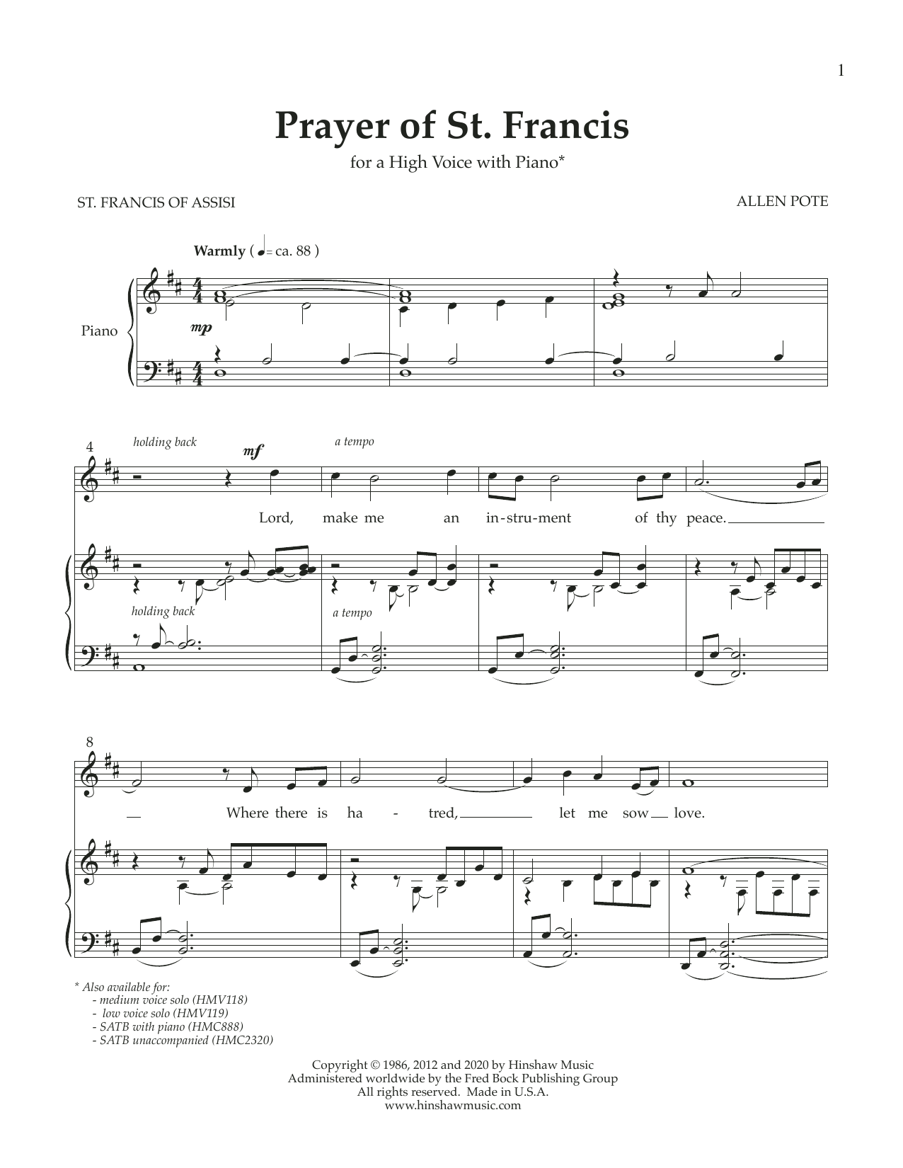 Download Allen Pote Prayer of St. Francis (High Voice) Sheet Music and learn how to play Piano & Vocal PDF digital score in minutes