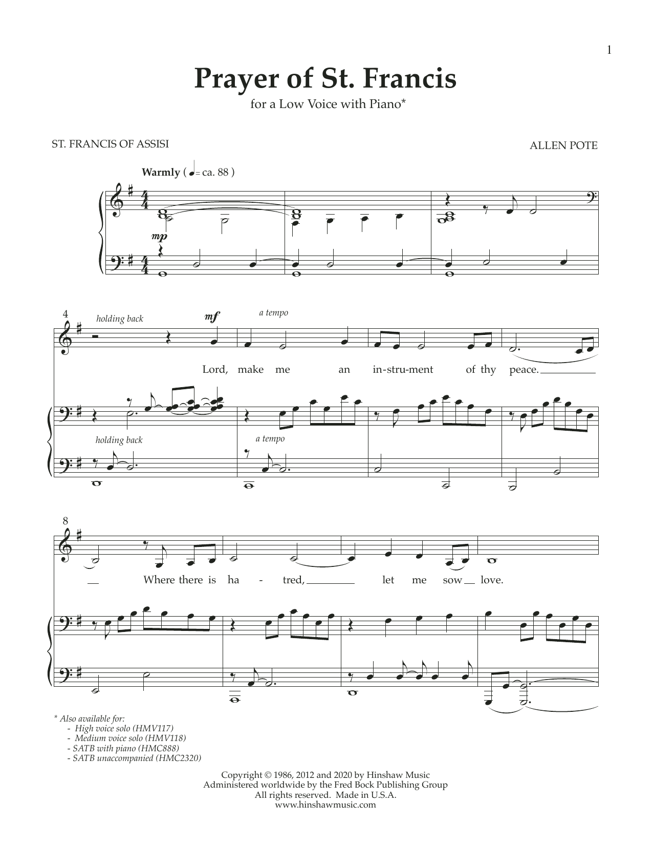 Download Allen Pote Prayer of St. Francis (Low Voice) Sheet Music and learn how to play Piano & Vocal PDF digital score in minutes