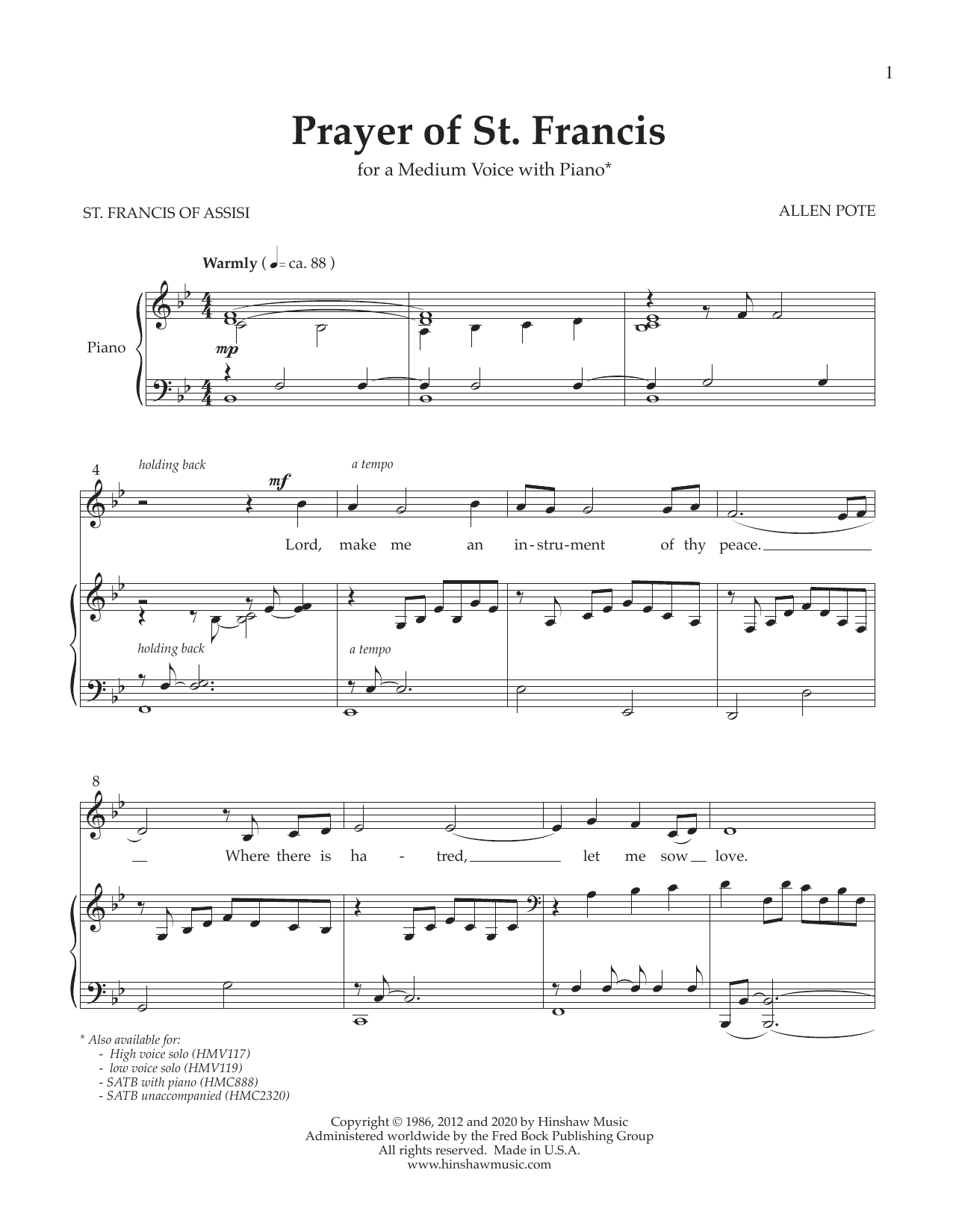 Download Allen Pote Prayer of St. Francis (Medium Voice) Sheet Music and learn how to play Piano & Vocal PDF digital score in minutes