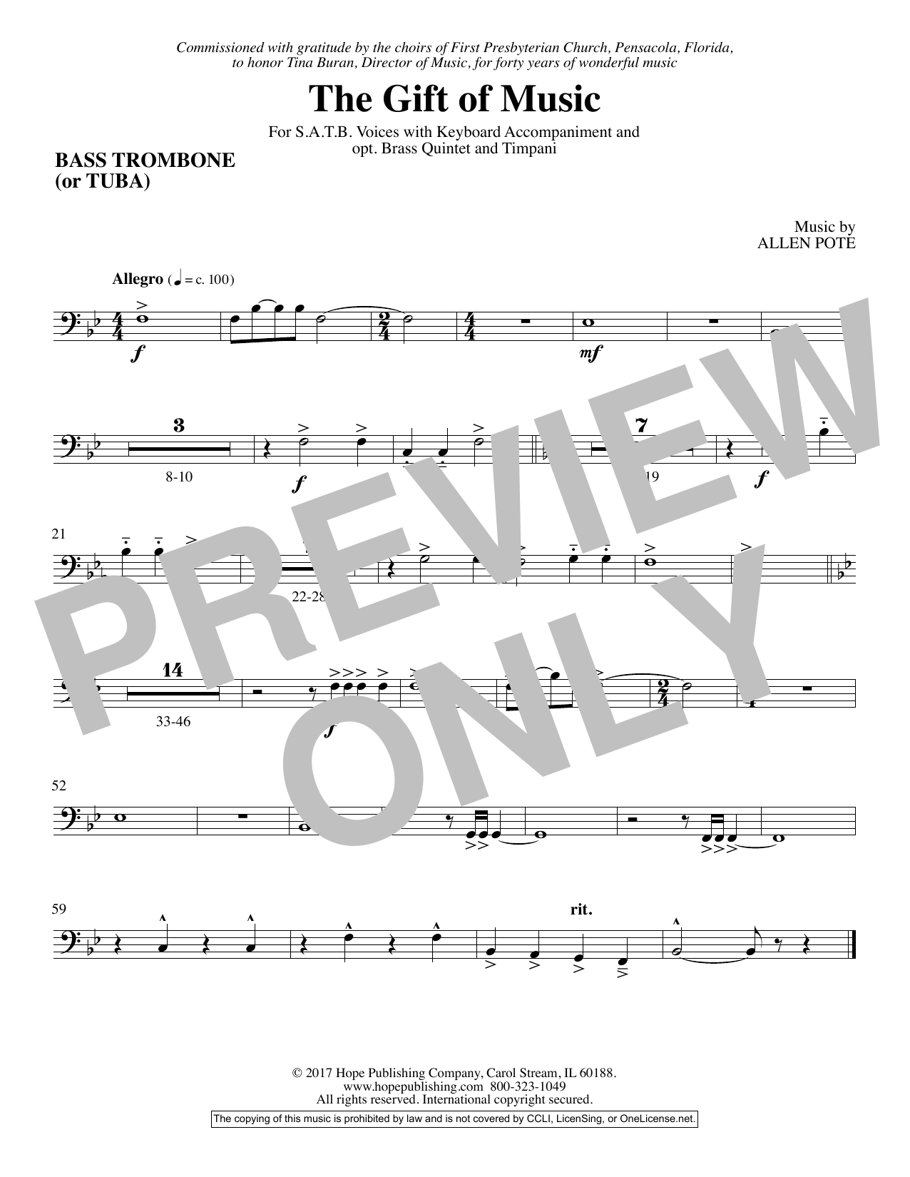 Download Allen Pote The Gift Of Music - Bass Trombone Sheet Music and learn how to play Choir Instrumental Pak PDF digital score in minutes