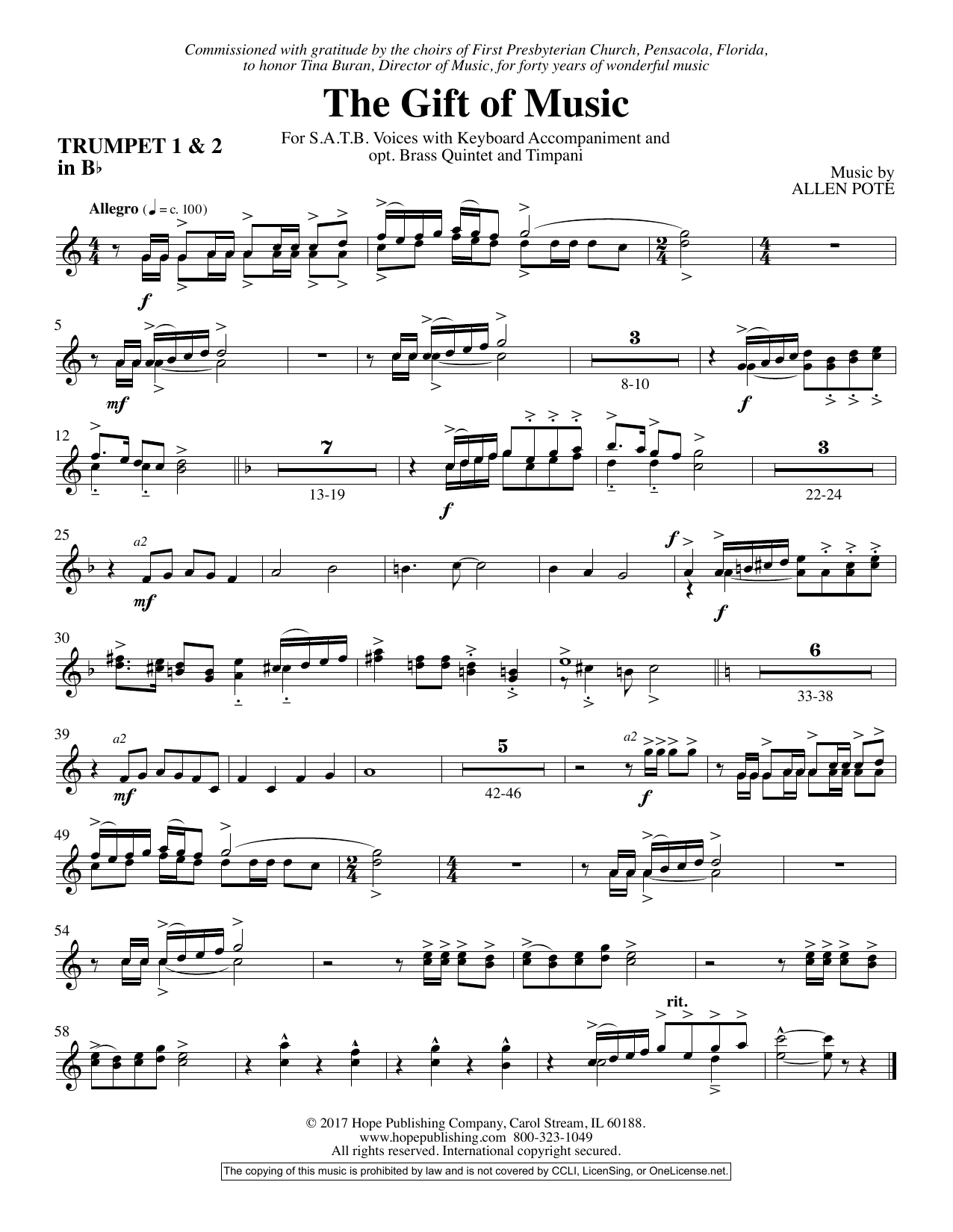 Download Allen Pote The Gift Of Music - Bb Trumpet 1 & 2 Sheet Music and learn how to play Choir Instrumental Pak PDF digital score in minutes