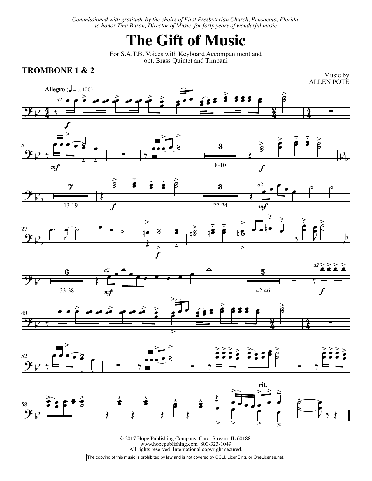 Download Allen Pote The Gift Of Music - Trombone 1 & 2 Sheet Music and learn how to play Choir Instrumental Pak PDF digital score in minutes