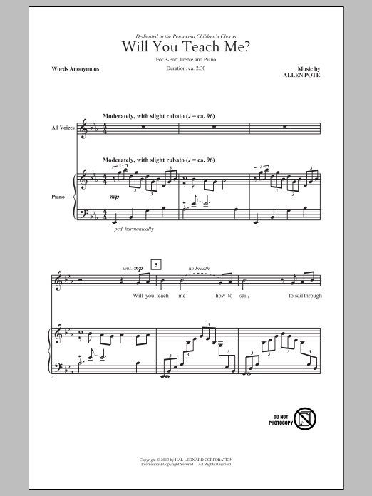 Download Allen Pote Will You Teach Me? Sheet Music and learn how to play 3-Part Treble PDF digital score in minutes