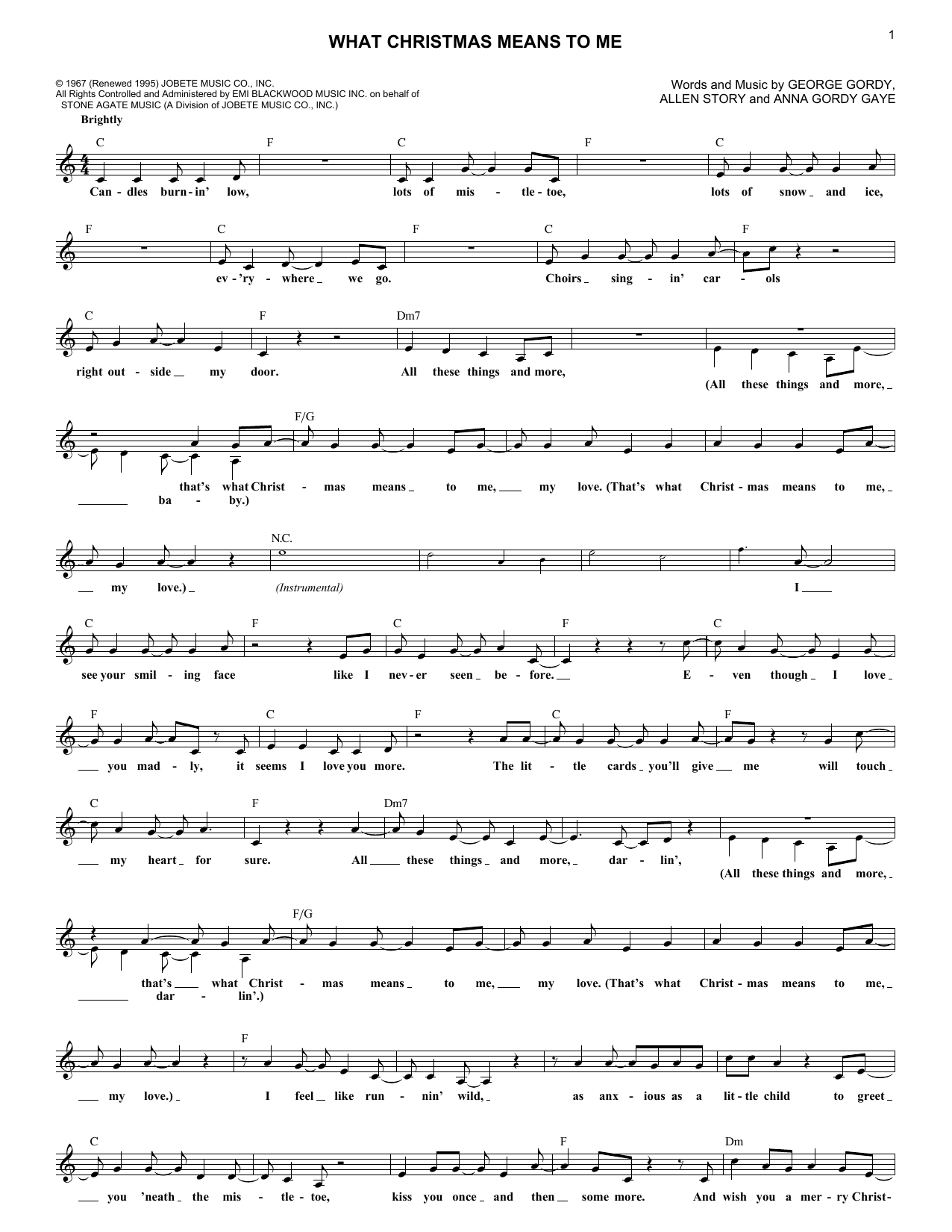 Download Allen Story What Christmas Means To Me Sheet Music and learn how to play Melody Line, Lyrics & Chords PDF digital score in minutes
