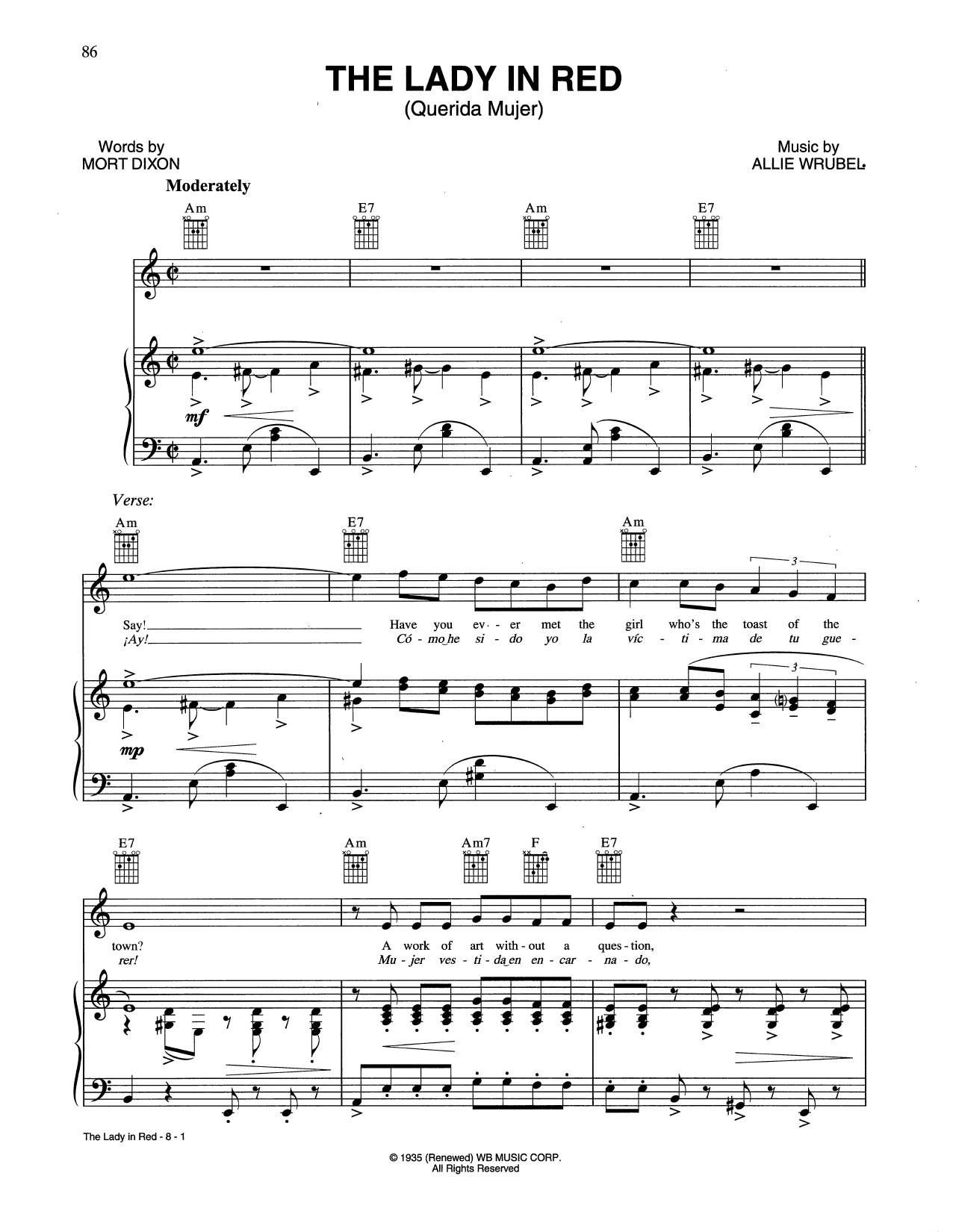 Download Allie Wrubel The Lady In Red Sheet Music and learn how to play Piano, Vocal & Guitar Chords (Right-Hand Melody) PDF digital score in minutes