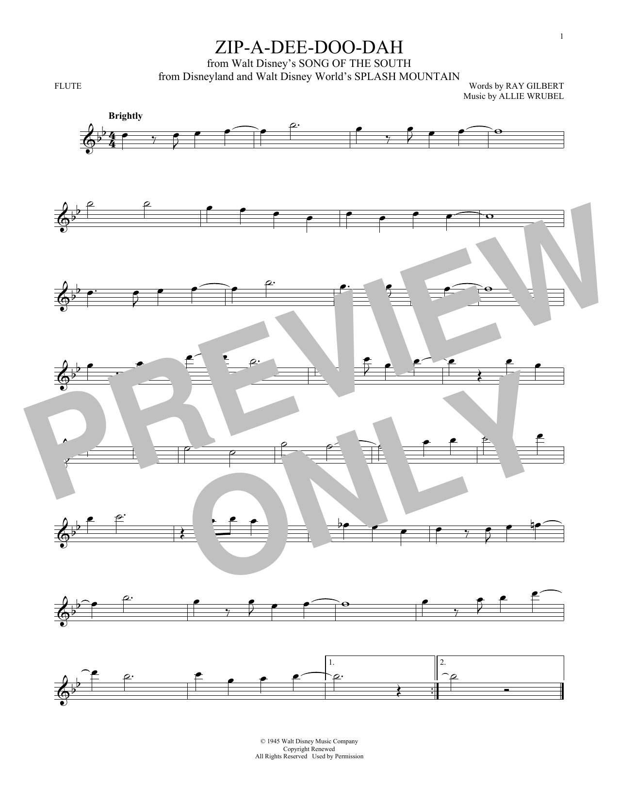 Download Allie Wrubel Zip-A-Dee-Doo-Dah Sheet Music and learn how to play Flute PDF digital score in minutes