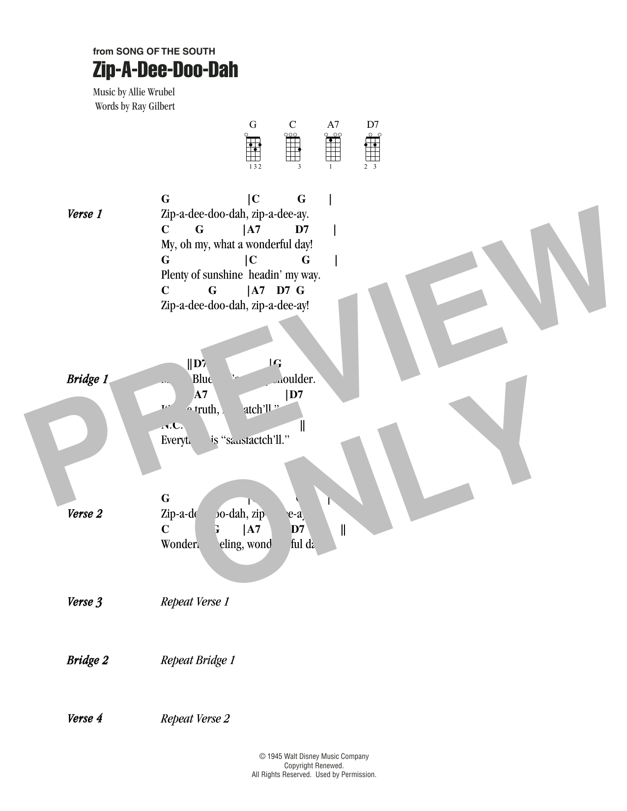 Download Allie Wrubel Zip-A-Dee-Doo-Dah Sheet Music and learn how to play Ukulele Chords/Lyrics PDF digital score in minutes