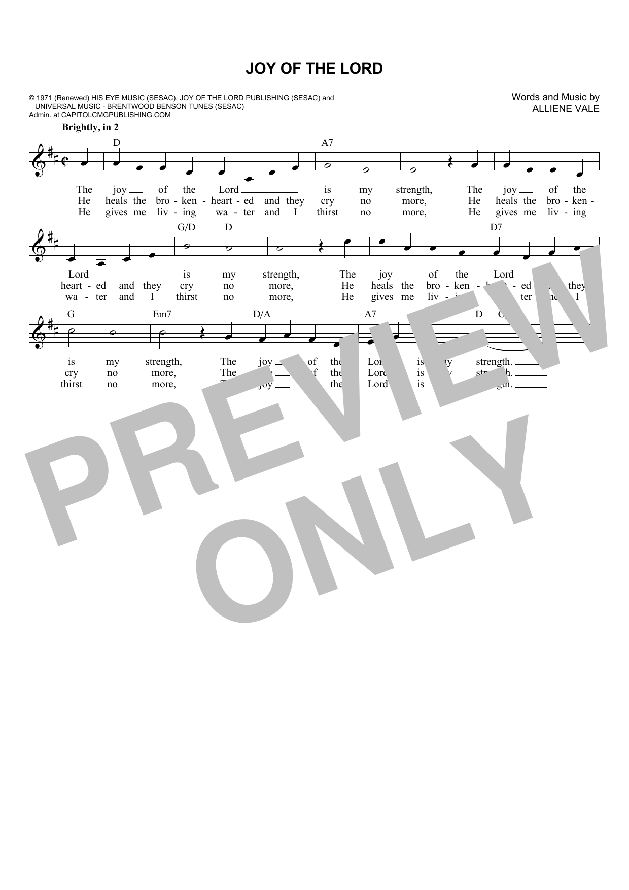 Download Alliene Vale Joy Of The Lord Sheet Music and learn how to play Melody Line, Lyrics & Chords PDF digital score in minutes