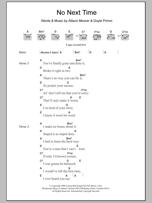 Download Allison Moorer No Next Time Sheet Music and learn how to play Lyrics & Chords PDF digital score in minutes