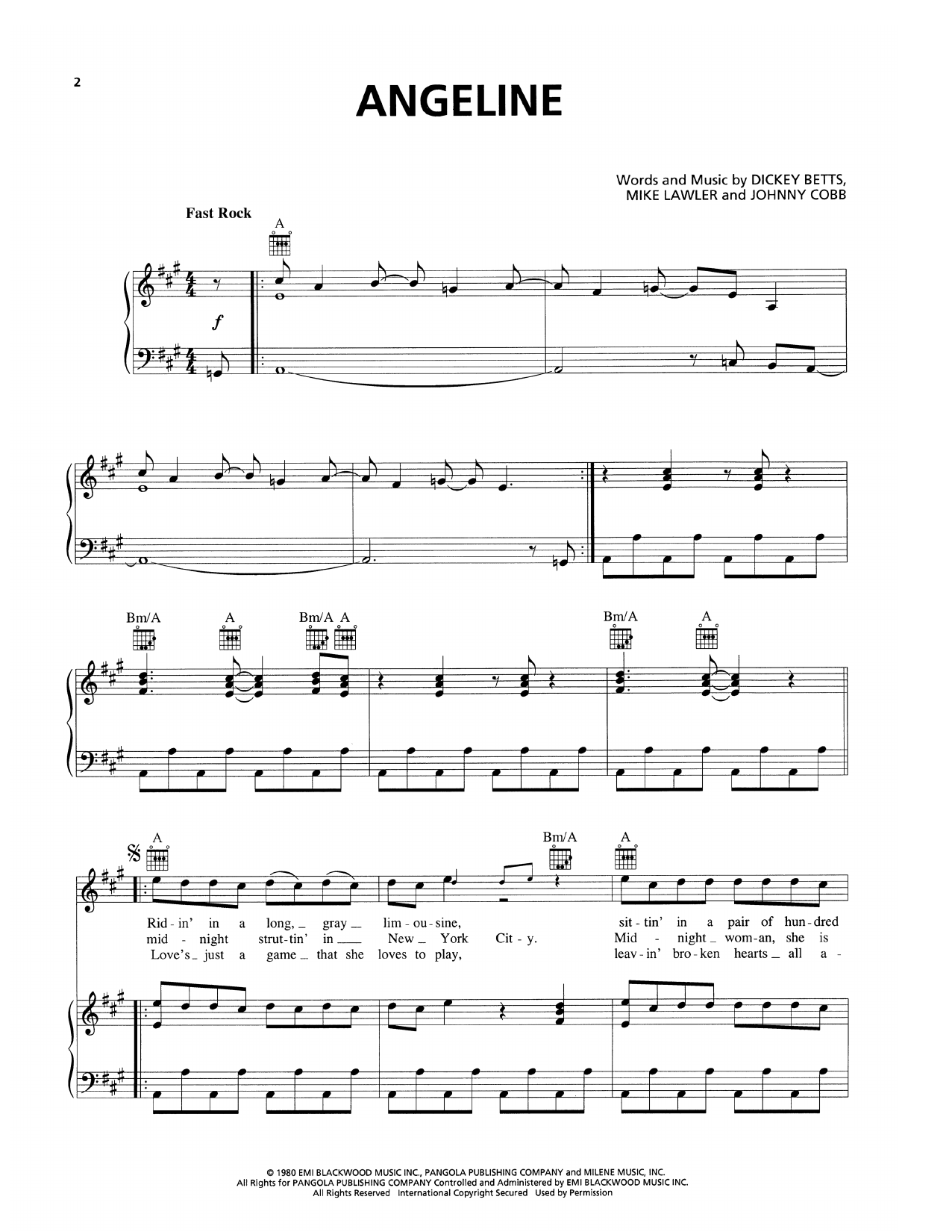 Download Allman Brothers Band Angeline Sheet Music and learn how to play Piano, Vocal & Guitar Chords (Right-Hand Melody) PDF digital score in minutes