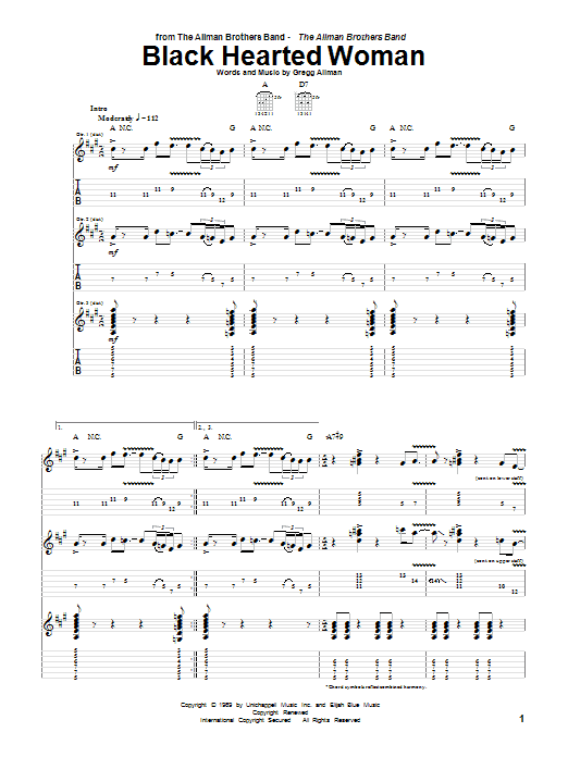 Download The Allman Brothers Band Black Hearted Woman Sheet Music and learn how to play Guitar Tab PDF digital score in minutes