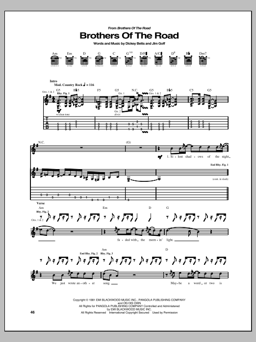 Download The Allman Brothers Band Brothers Of The Road Sheet Music and learn how to play Guitar Tab PDF digital score in minutes