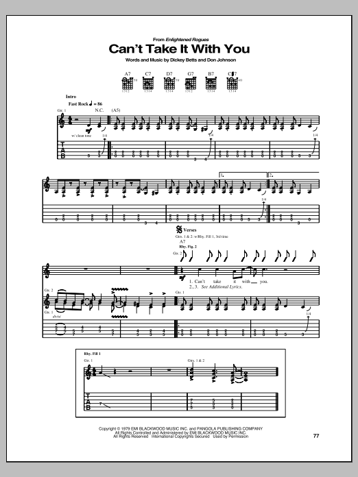 Download The Allman Brothers Band Can't Take It With You Sheet Music and learn how to play Guitar Tab PDF digital score in minutes