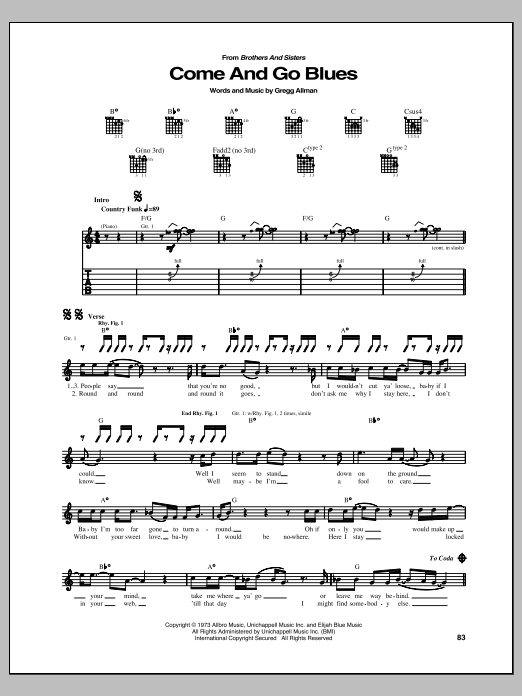 Download The Allman Brothers Band Come And Go Blues Sheet Music and learn how to play Guitar Tab PDF digital score in minutes