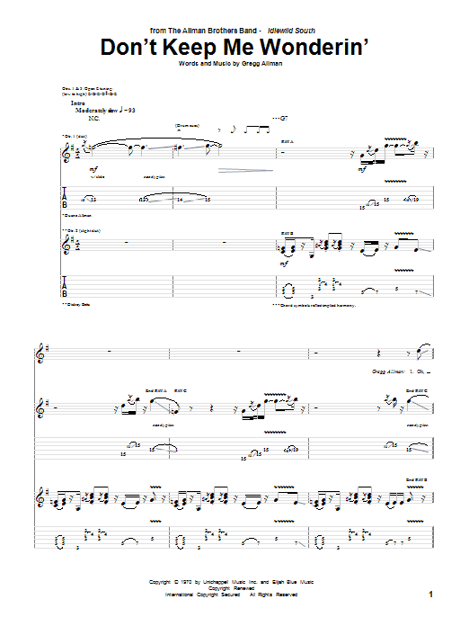 Download The Allman Brothers Band Don't Keep Me Wonderin' Sheet Music and learn how to play Guitar Tab PDF digital score in minutes