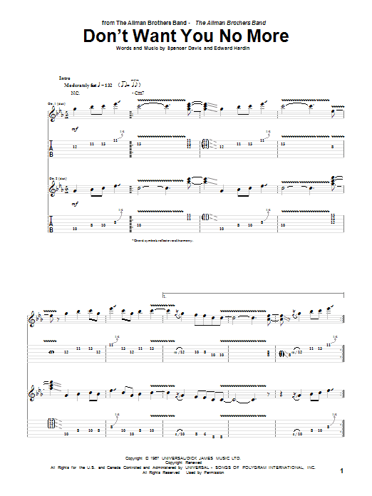 Download Allman Brothers Band Don't Want You No More Sheet Music and learn how to play Guitar Tab PDF digital score in minutes