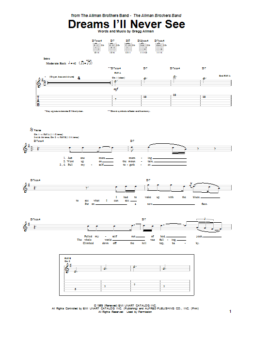 Download The Allman Brothers Band Dreams I'll Never See Sheet Music and learn how to play Guitar Tab PDF digital score in minutes