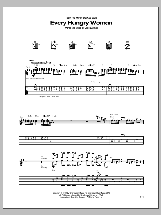 Download The Allman Brothers Band Every Hungry Woman Sheet Music and learn how to play Guitar Tab PDF digital score in minutes