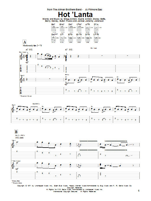 Download The Allman Brothers Band Hot 'Lanta Sheet Music and learn how to play Guitar Tab PDF digital score in minutes