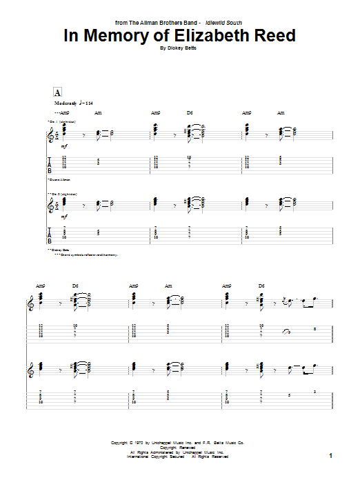 Download The Allman Brothers Band In Memory Of Elizabeth Reed Sheet Music and learn how to play Guitar Tab PDF digital score in minutes