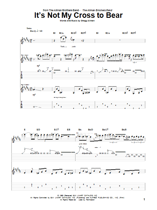 Download Allman Brothers Band It's Not My Cross To Bear Sheet Music and learn how to play Guitar Tab PDF digital score in minutes
