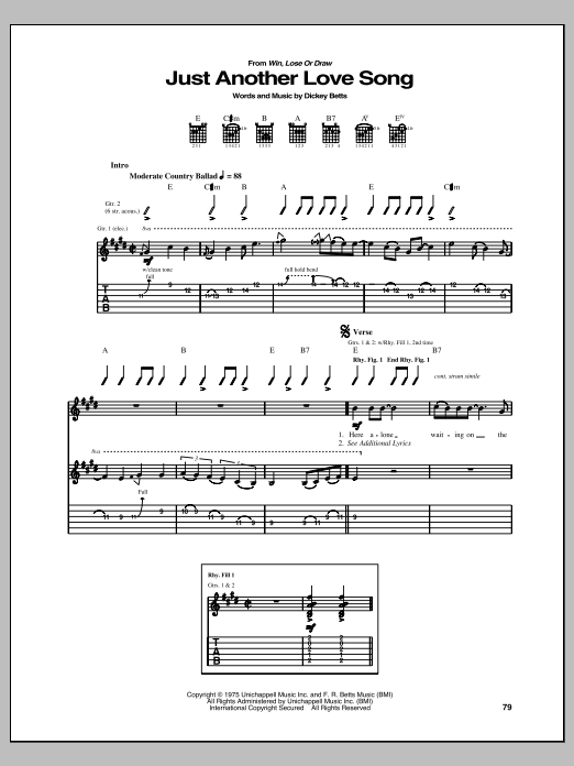 Download The Allman Brothers Band Just Another Love Song Sheet Music and learn how to play Guitar Tab PDF digital score in minutes