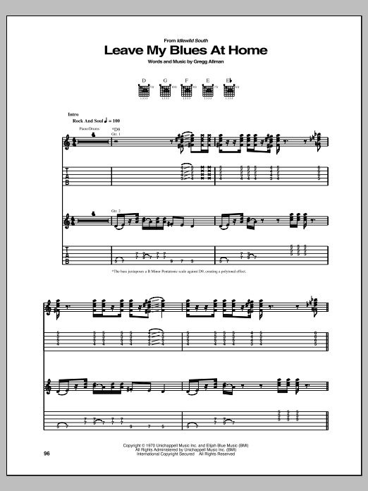 Download The Allman Brothers Band Leave My Blues At Home Sheet Music and learn how to play Guitar Tab PDF digital score in minutes