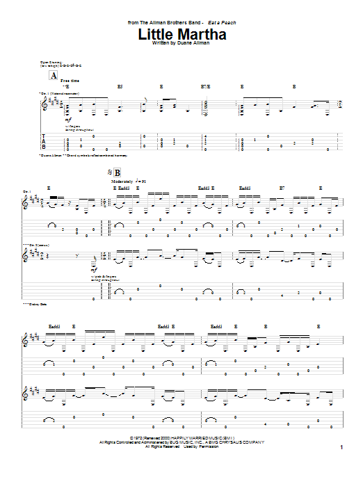 Download Allman Brothers Band Little Martha Sheet Music and learn how to play Guitar Tab PDF digital score in minutes