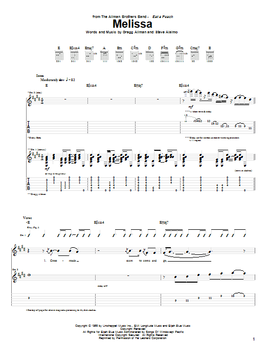 Download The Allman Brothers Band Melissa Sheet Music and learn how to play Lyrics & Chords PDF digital score in minutes