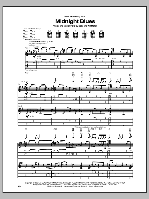 Download The Allman Brothers Band Midnight Blues Sheet Music and learn how to play Guitar Tab PDF digital score in minutes