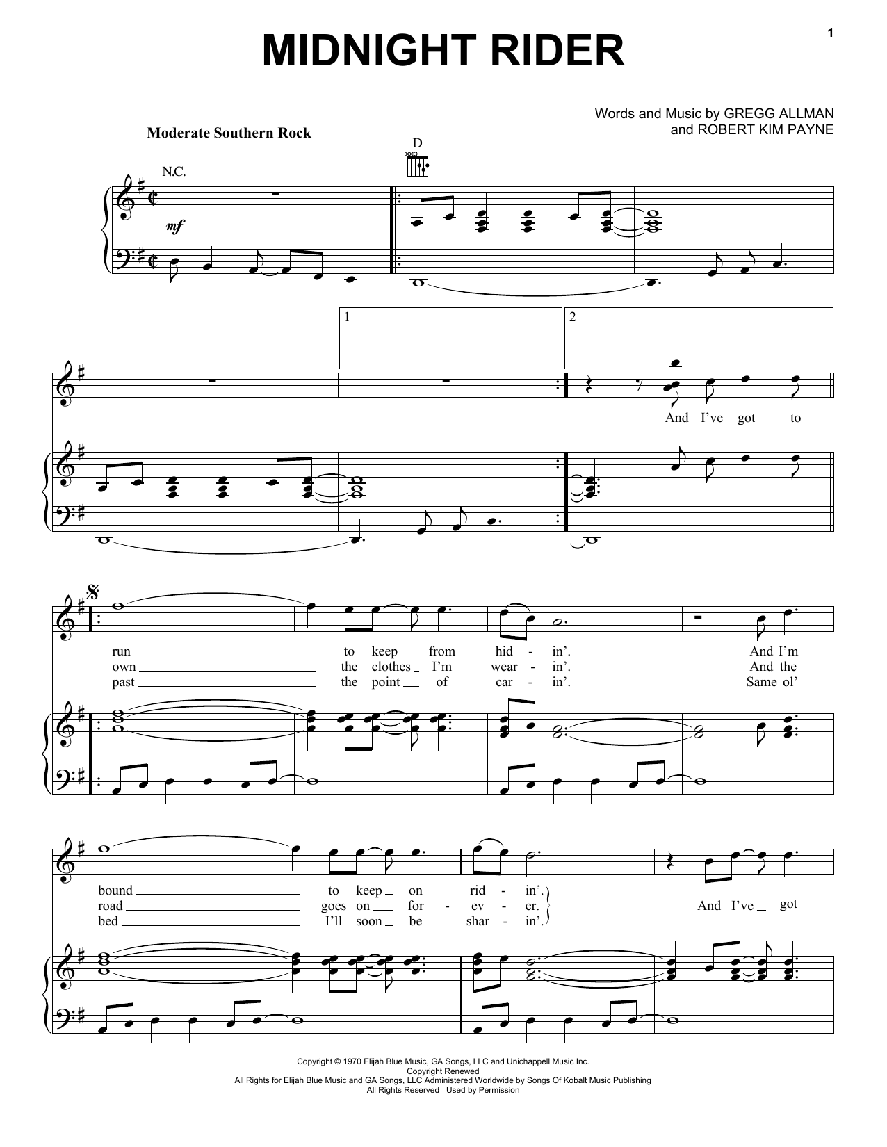 Download Allman Brothers Band Midnight Rider Sheet Music and learn how to play Piano, Vocal & Guitar (Right-Hand Melody) PDF digital score in minutes