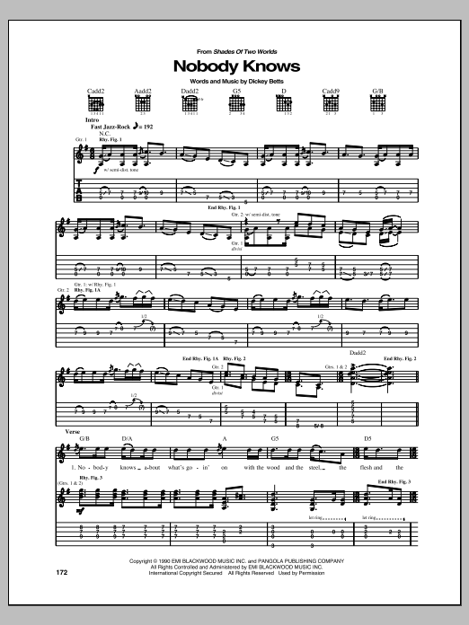 Download The Allman Brothers Band Nobody Knows Sheet Music and learn how to play Guitar Tab PDF digital score in minutes