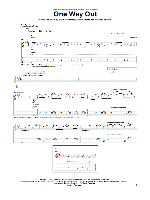 Download Allman Brothers Band One Way Out Sheet Music and learn how to play Guitar Tab PDF digital score in minutes