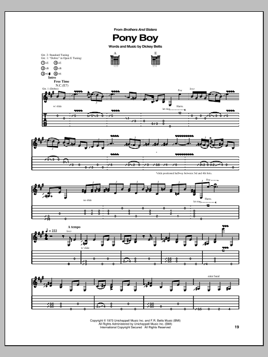 Download The Allman Brothers Band Pony Boy Sheet Music and learn how to play Guitar Tab PDF digital score in minutes