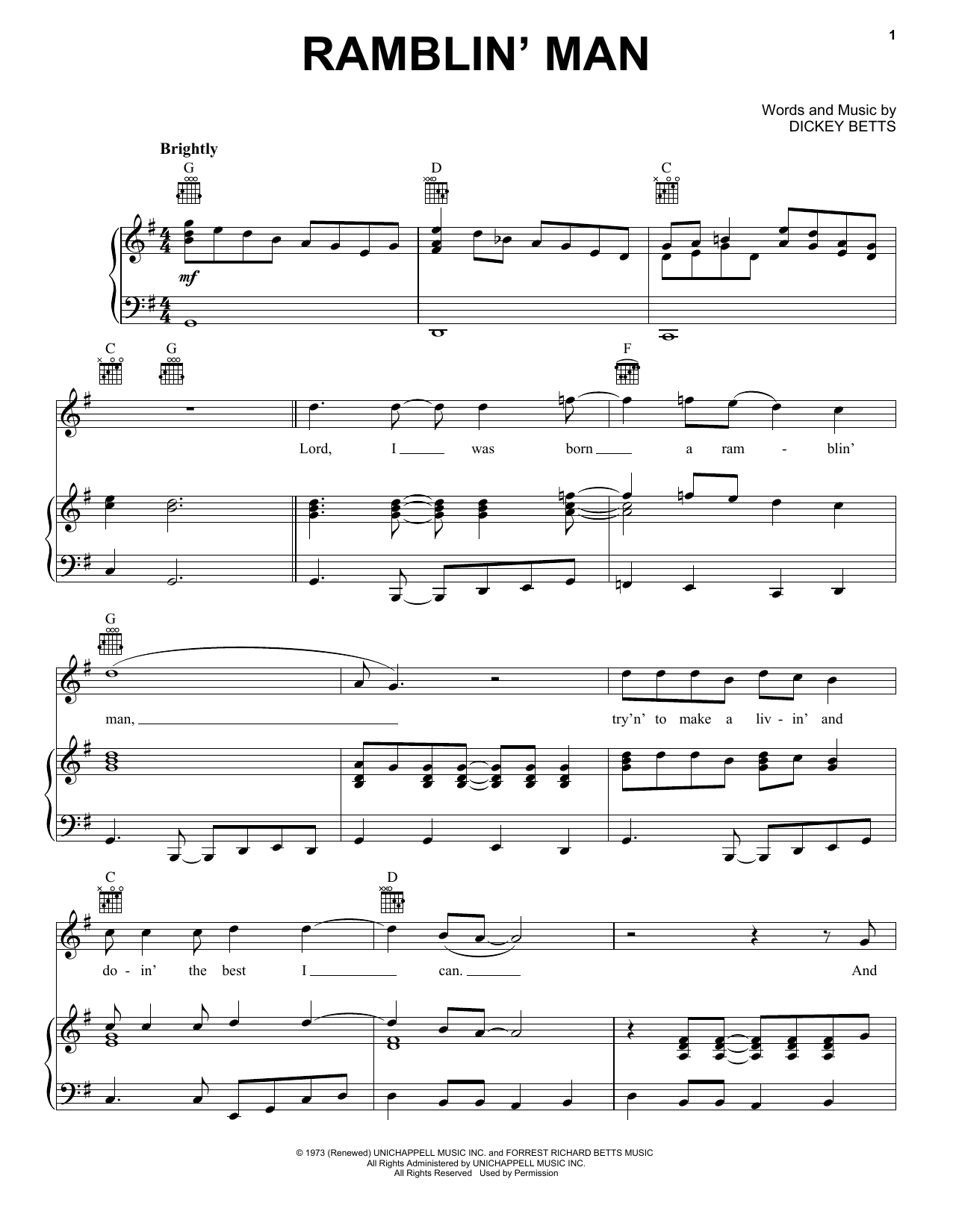 Download The Allman Brothers Band Sheet Music and learn how to play Piano, Vocal & Guitar (Right-Hand Melody) PDF score in minutes
