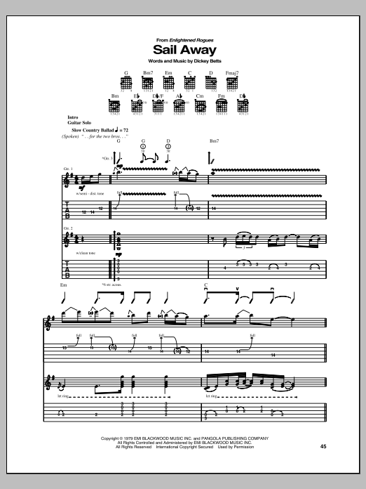 Download The Allman Brothers Band Sail Away Sheet Music and learn how to play Guitar Tab PDF digital score in minutes